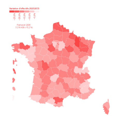 Évolution des effectifs d’élèves (maternelle & primaire) entre 2025 et 2035, par département. Source : Carte Ouest France – Ministère de l’Éducation nationale – constat de rentrée 2025 – Insee estimations de population; calculs DEPP