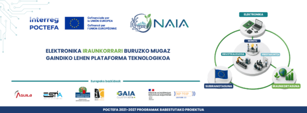 NAIA proiektuaren bannerra, elektronika jasangarriari eskainitako Frantzia-Espainia arteko mugaz gaindiko plataforma, Interreg POCTEFA programaren kofinantzaketarekin.