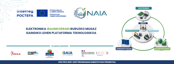 NAIA proiektuaren bannerra, elektronika jasangarriari eskainitako Frantzia-Espainia arteko mugaz gaindiko plataforma, Interreg POCTEFA programaren kofinantzaketarekin.