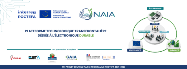 Bannière du projet NAIA, plateforme transfrontalière franco-espagnole dédiée à l'électronique durable, cofinancée par Interreg POCTEFA