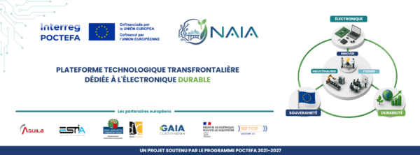 Bannière du projet NAIA, plateforme transfrontalière franco-espagnole dédiée à l'électronique durable, cofinancée par Interreg POCTEFA